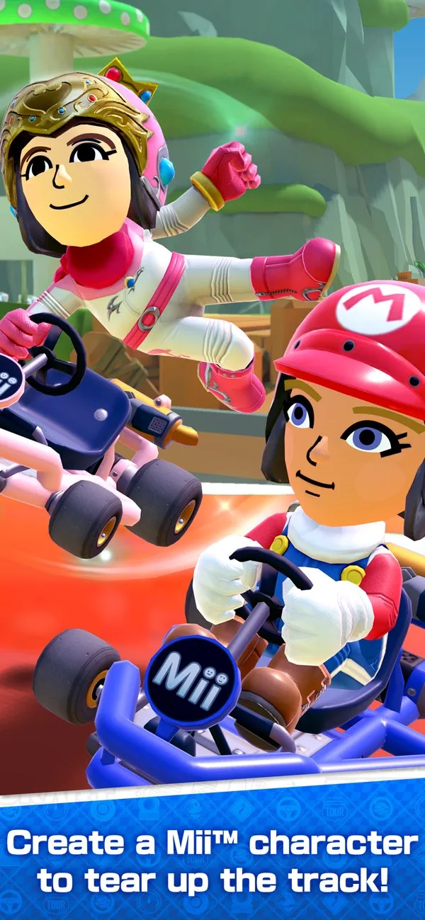 《Mario Kart Tour》App Store 截圖,Mii 角色喺賽道上揸卡丁車