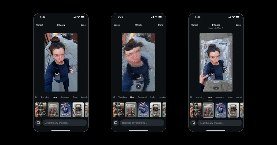Instagram Stories 新 AI effects 介面截圖，可以預覽同改相片效果。