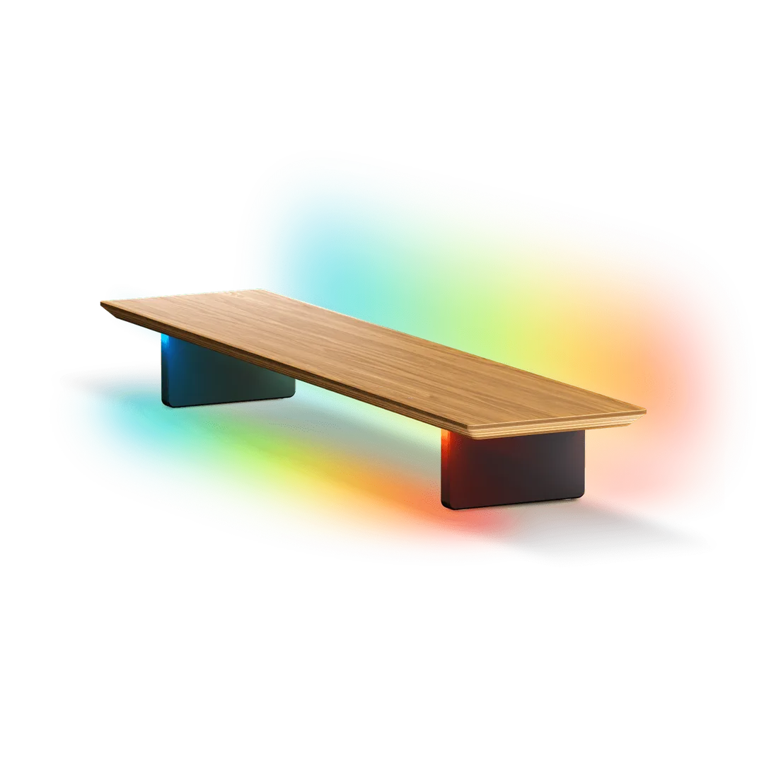 Nanoleaf x FANTAQI Smart LED Monitor Stand 官方產品圖，展示木面底座同內置燈光