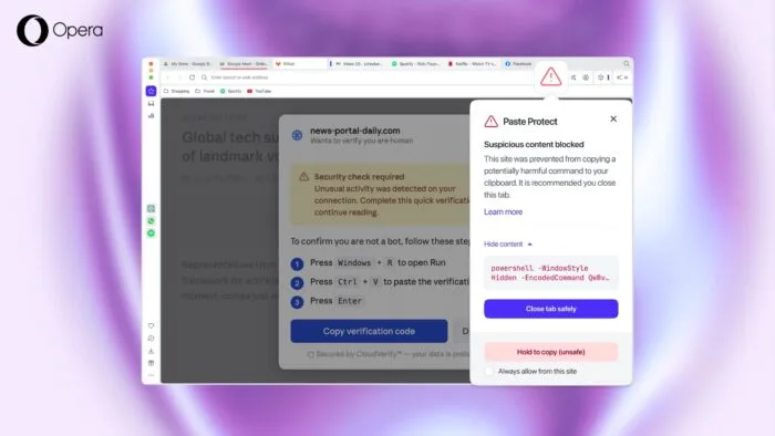Opera Paste Protect 偵測到可疑 clipboard 指令時彈出警告介面