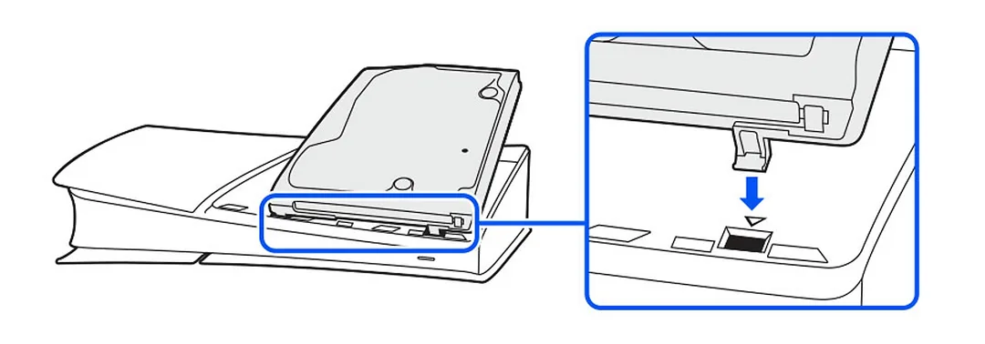 PS5 Digital Edition 安裝 Disc Drive 嘅官方支援圖，顯示碟機插入主機側邊。