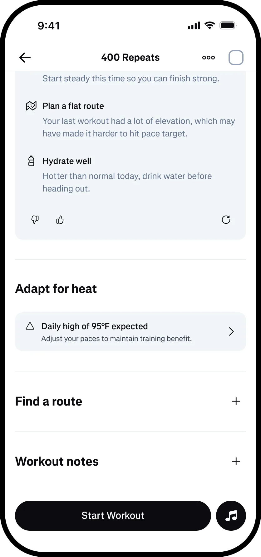 Runna 課節頁顯示 Adapt for Heat 提示,預告當日高溫同建議調整配速
