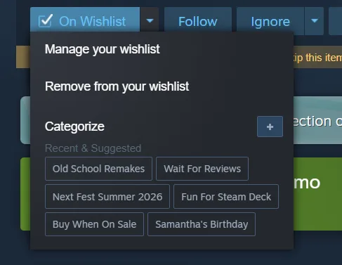 Steam 商店頁嘅 wishlist 分類選單，可以加入等評價、減價先買等自訂分類