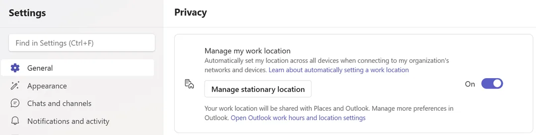 Teams 私隱設定入面 Manage my work location 開關畫面