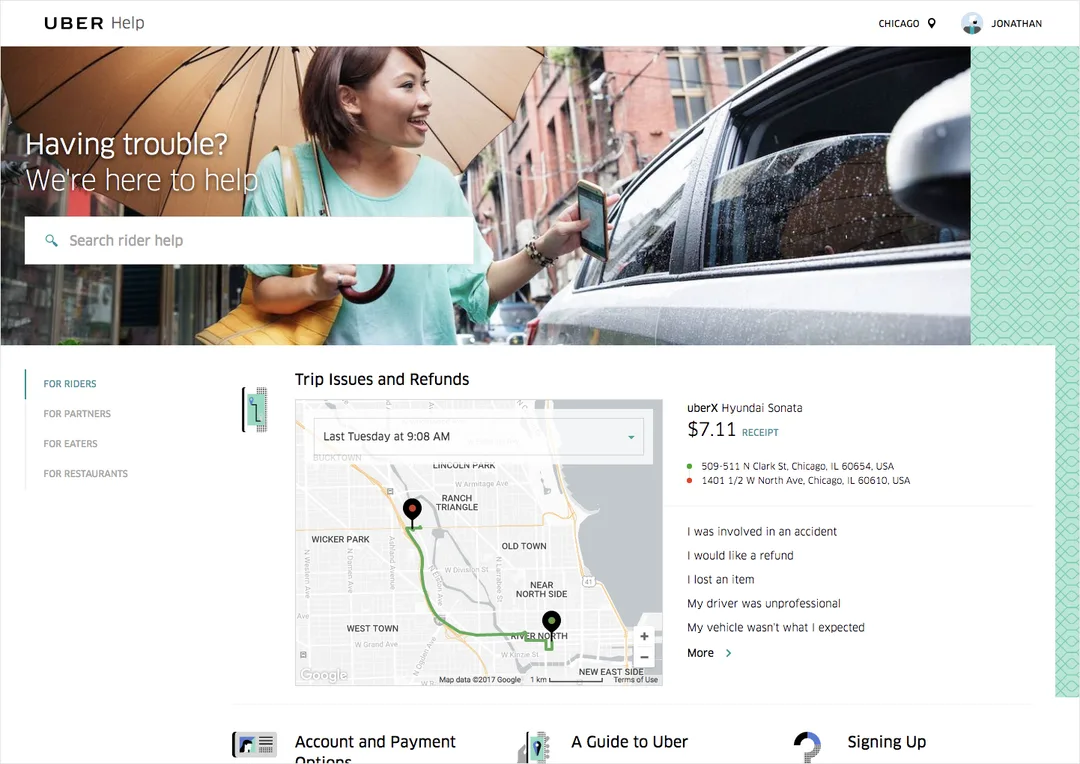 Uber 2017 年官方客服介面，按行程列出退款、意外、失物同司機服務等問題分類