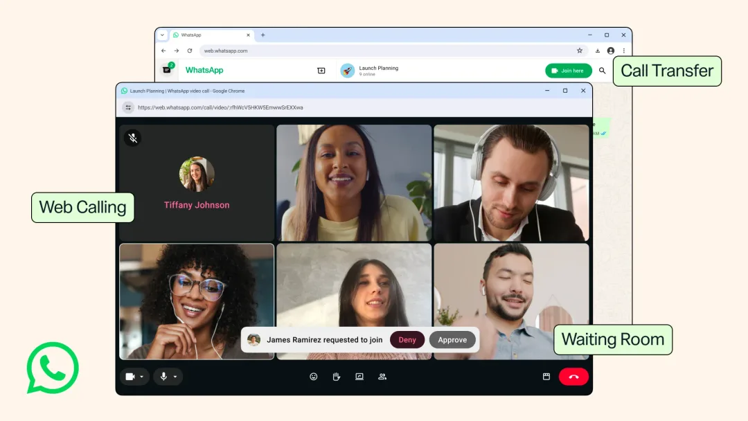 WhatsApp 官方圖片展示 Web 通話、跨裝置轉移同群組等候室等新功能
