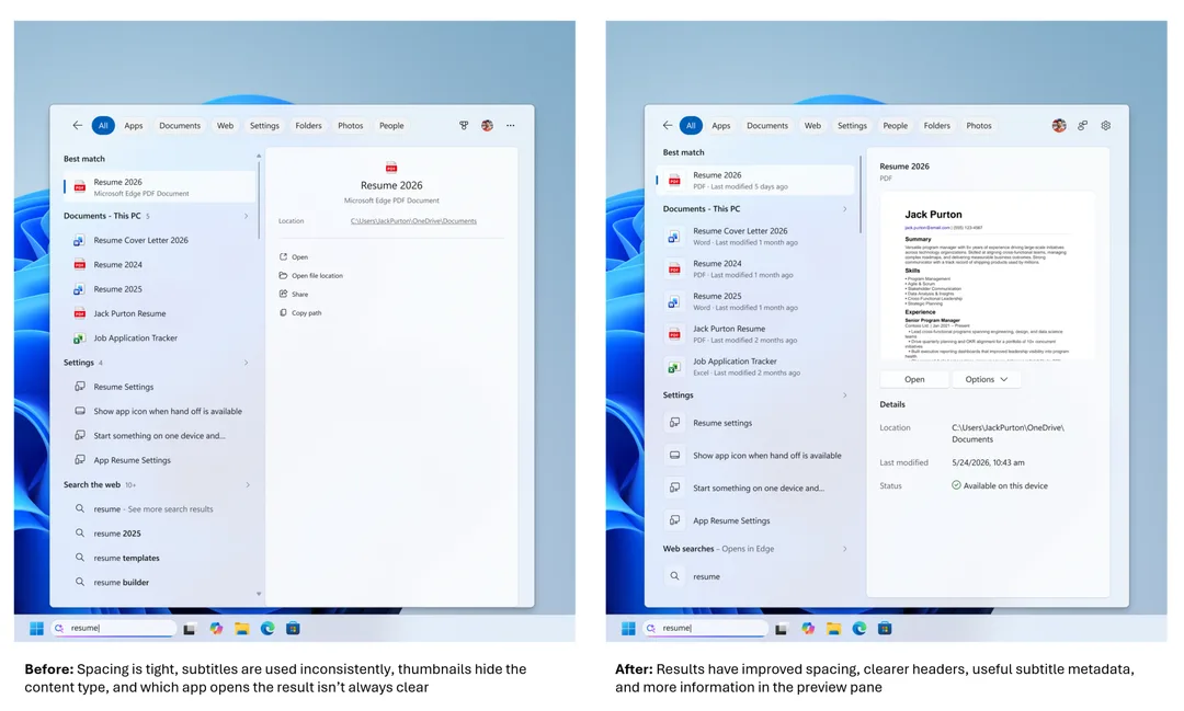 Windows 11 搜尋結果改版前後對照,新版加闊間距,補上檔案資料同預覽