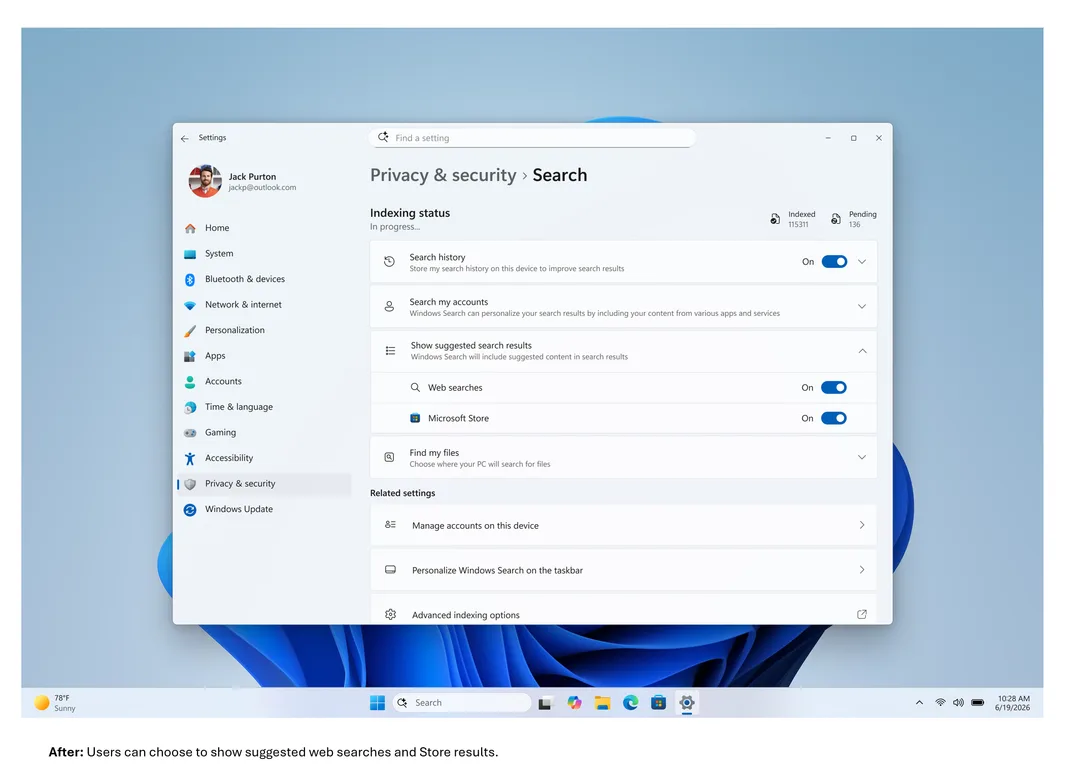 Windows 11 私隱與安全搜尋設定,可分開開關網頁搜尋同 Microsoft Store 建議
