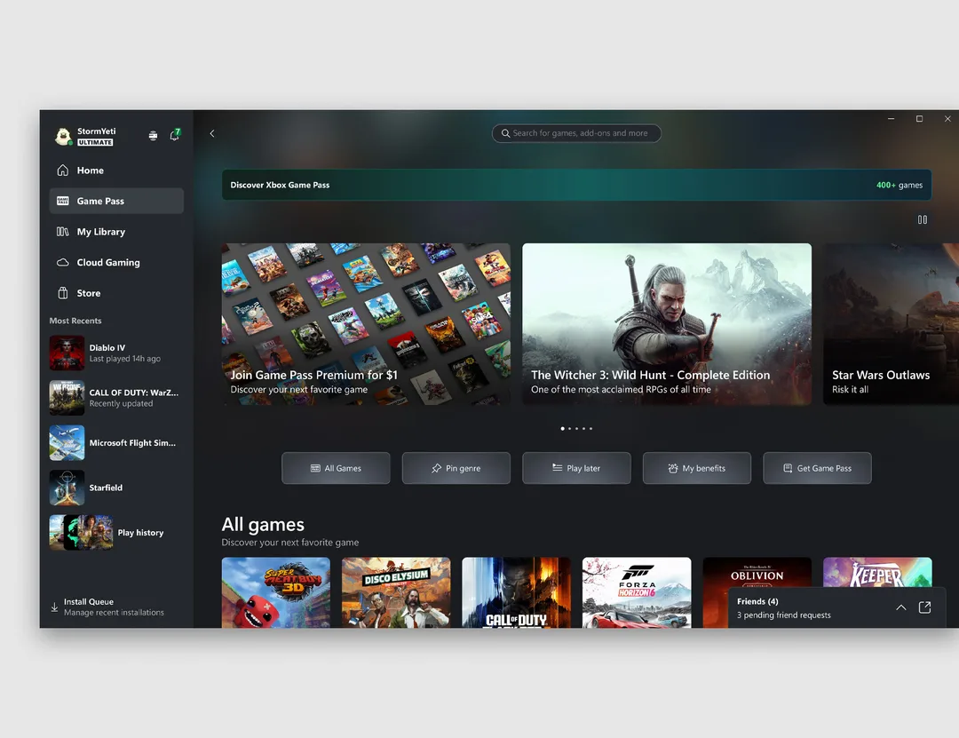 Xbox PC app 顯示 Game Pass library 同雲端遊戲頁面