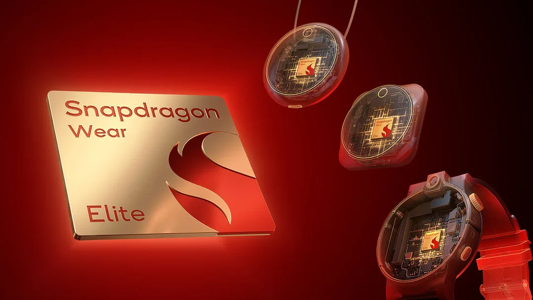 Snapdragon Wear Elite 宣傳圖,晶片旁邊擺有三款穿戴裝置概念圖