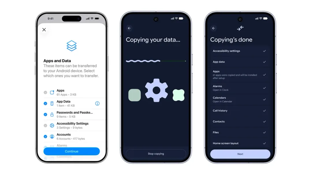 iPhone 搬資料去 Android 新機嘅無線轉移介面示意圖
