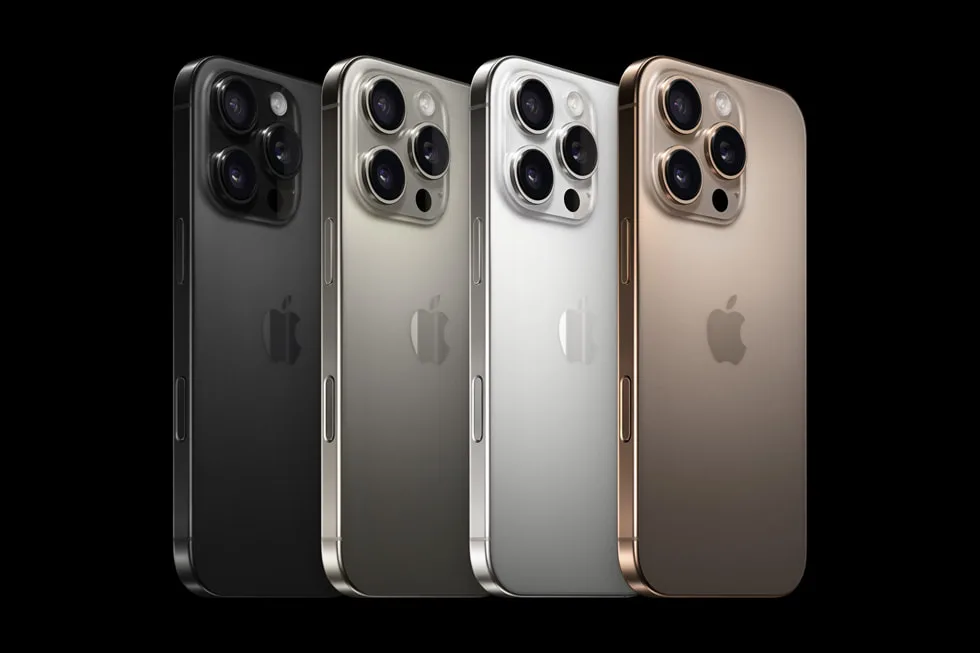 四款唔同顏色嘅現有 iPhone 16 Pro 系列排開展示機身同螢幕尺寸