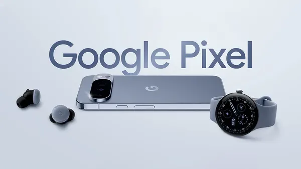Google Pixel 10 系列、耳機同手錶排喺淺藍背景，作為上一代 Pixel AI 硬件背景圖
