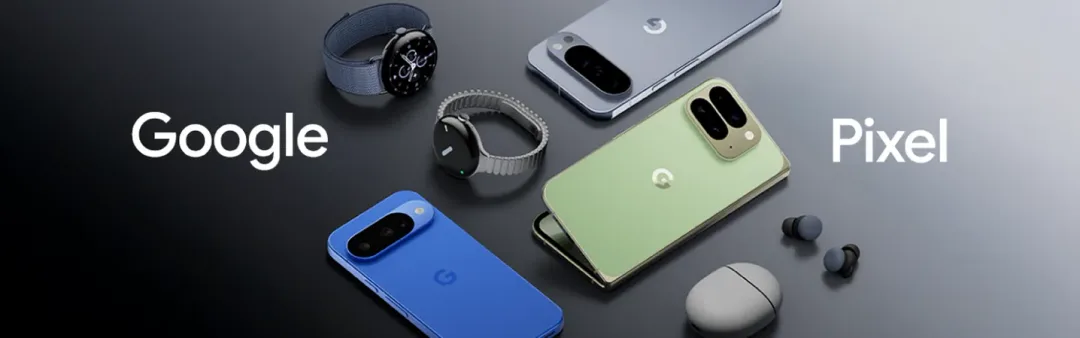 Pixel 10 系列手機、手錶同耳機排列喺深色背景前