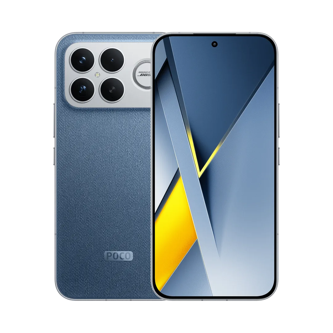 POCO F8 Ultra 丹寧藍機背同正面，鏡頭旁邊設有 Bose 獨立低音單元