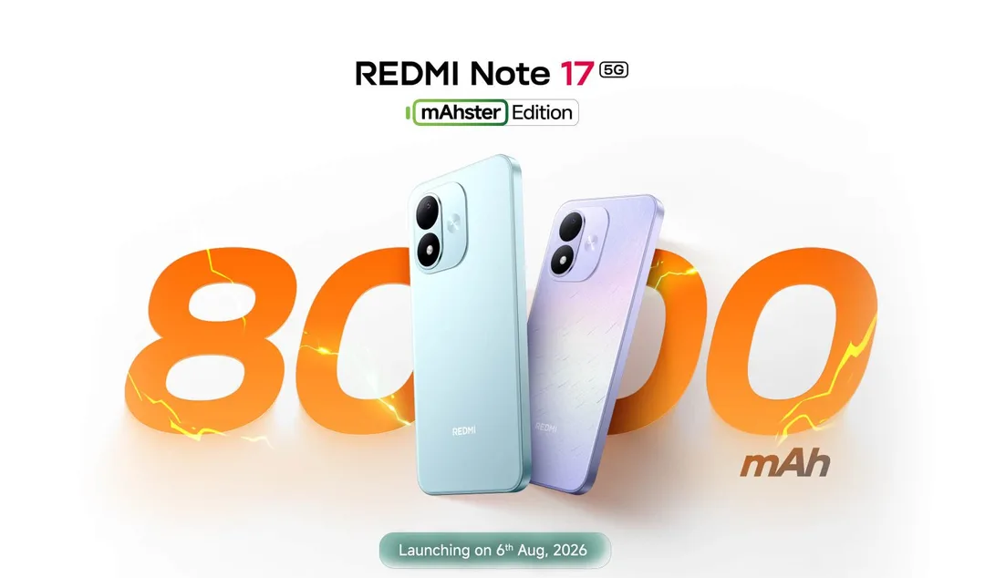 小米印度 Redmi Note 17 5G 官方預告圖,展示手機外形同 8,000mAh 電池賣點