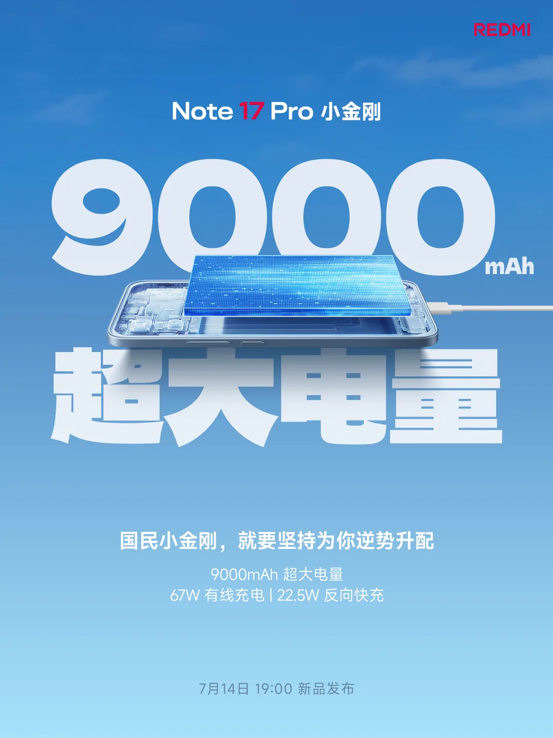 REDMI 官方海報顯示 Note 17 Pro 配 9,000mAh 電池、67W 有線充電同 22.5W 反向供電
