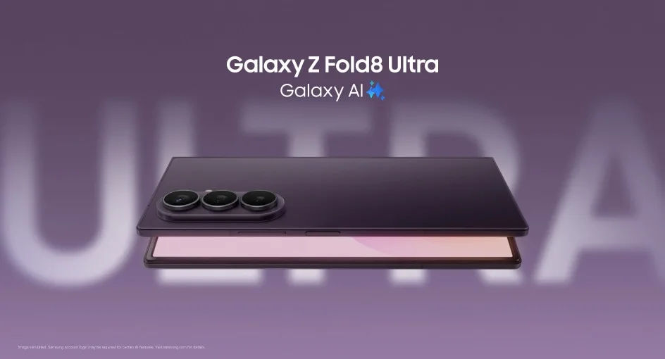 Galaxy Z Fold8 Ultra 官方產品圖，展示摺機展開同摺起後嘅外形