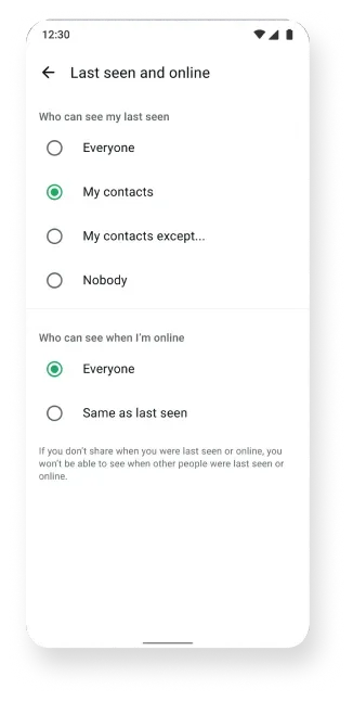 WhatsApp 官方私隱頁入面嘅 Last seen and online 設定截圖
