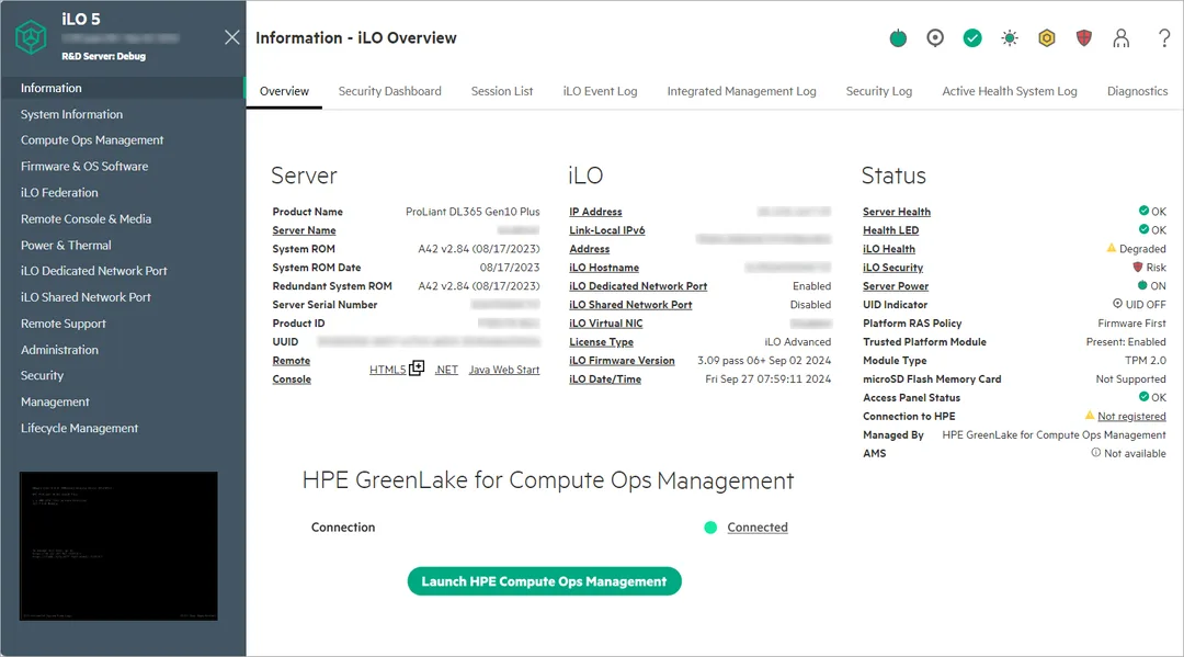 HPE iLO 5 server 管理介面,顯示硬件狀態、韌體版本同遠端管理選項