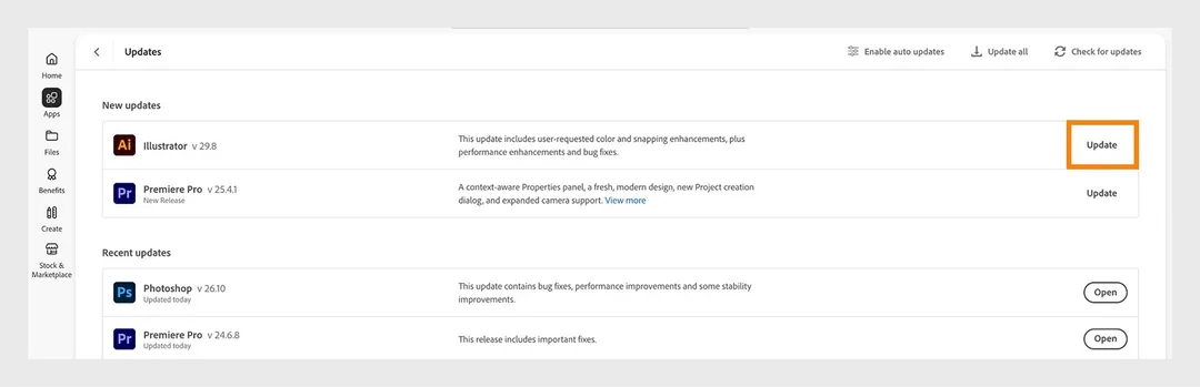 Creative Cloud Desktop 嘅 Updates 畫面,可逐個或者一次過更新已安裝嘅 Adobe app