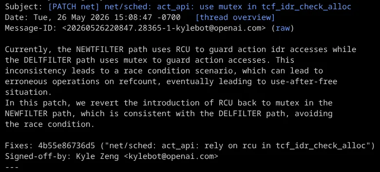 Linux 核心 net/sched 漏洞修補電郵截圖，內容指出競爭條件可引致 use-after-free
