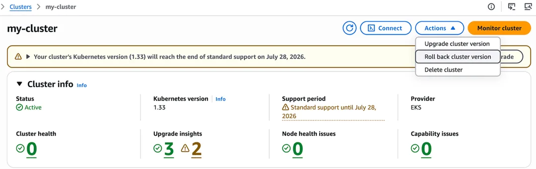 Amazon EKS Console 入面揀選 rollback 叢集版本同查看相容性提示嘅畫面