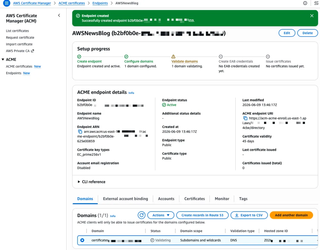 AWS ACM 建 ACME endpoint 時嘅 DNS 驗證設定畫面