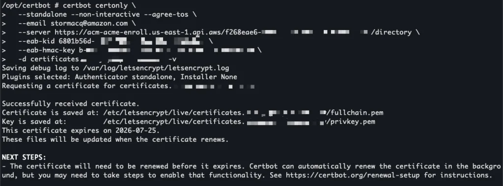 AWS blog 示範用 Certbot 經 ACM ACME endpoint 申請憑證嘅命令畫面