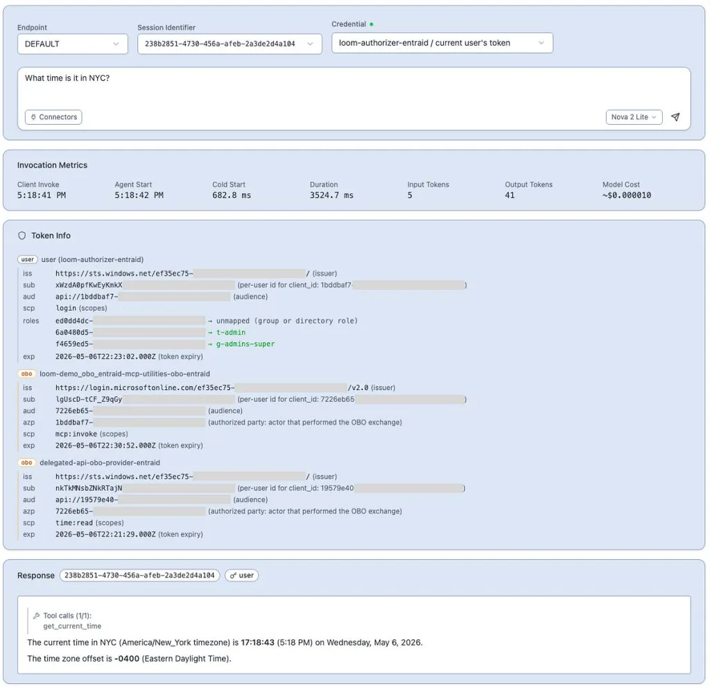 Loom 用 on-behalf-of token 喺 agent、MCP server 同 API 之間保留用家身分嘅示意圖