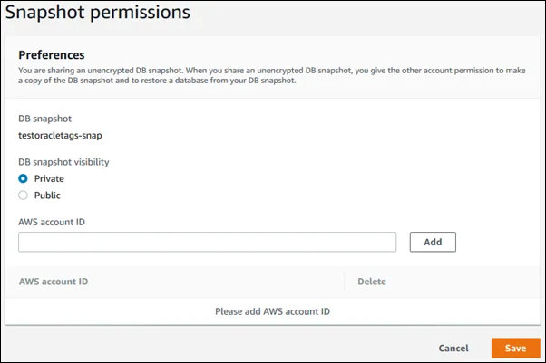 AWS RDS 管理介面入面設定 snapshot 分享帳戶嘅畫面