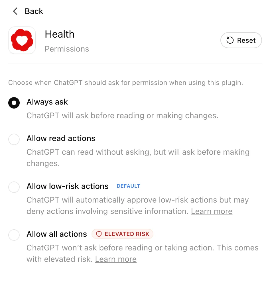 ChatGPT Health 權限畫面列出每次詢問同長期准許選項