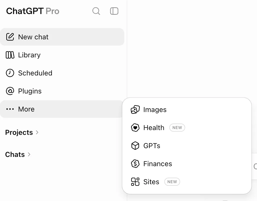 ChatGPT 側欄選單入面顯示 Health 功能入口