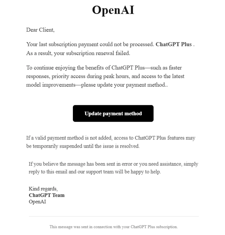 假冒 OpenAI 嘅 ChatGPT Plus 付款失敗電郵,內有更新付款方式按鈕
