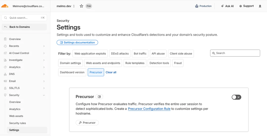 Cloudflare dashboard 顯示 Precursor 開關嘅設定畫面