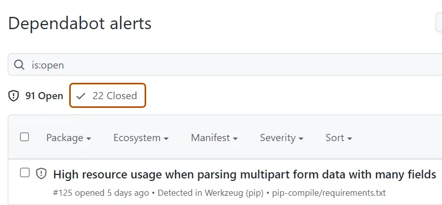GitHub Dependabot 警示頁面,畫面顯示已關閉警示嘅篩選位置