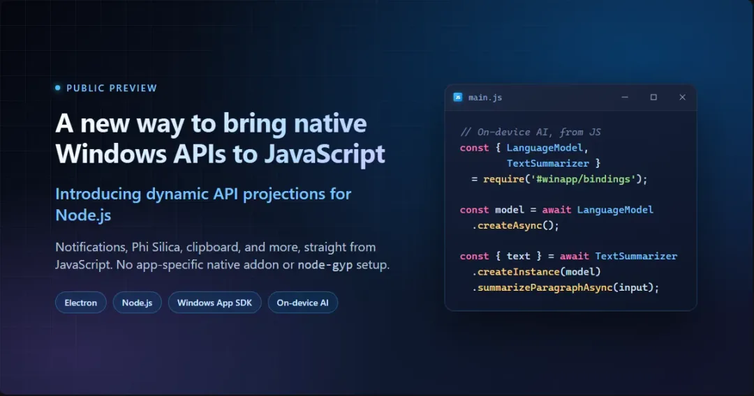 Microsoft 展示 JavaScript 接通 Windows API 嘅官方文章主圖