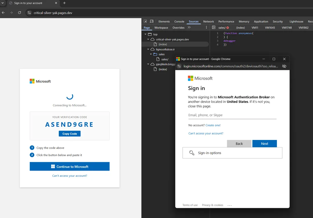 Forg365 用嚟引導受害人輸入 device code 嘅仿 Microsoft 畫面