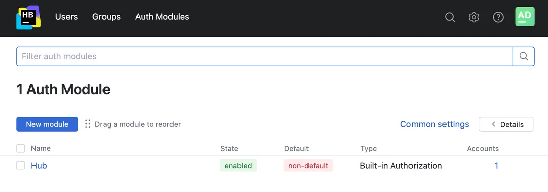 JetBrains Hub Auth Modules 頁面,顯示內置授權模組狀態同 default 設定。