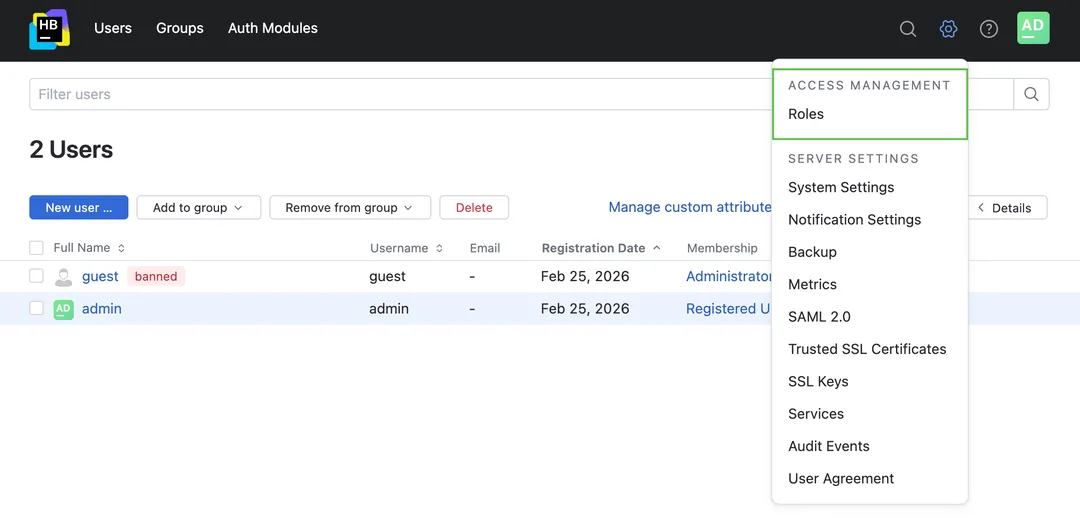 JetBrains Hub admin 選單入面 Access Management 嘅位置。