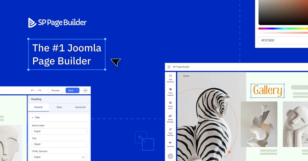 SP Page Builder 官方產品頁配圖,畫面顯示頁面編輯器介面同設定面板