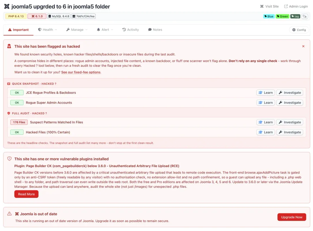 mySites.guru 截圖,Important 分頁標出 Page Builder CK 舊版外掛同疑似入侵警示