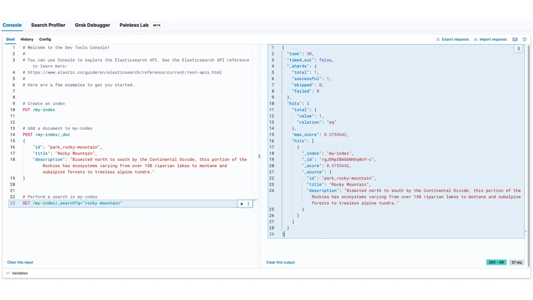 Kibana Dev Tools Console 嘅官方產品截圖，畫面顯示查詢同回應