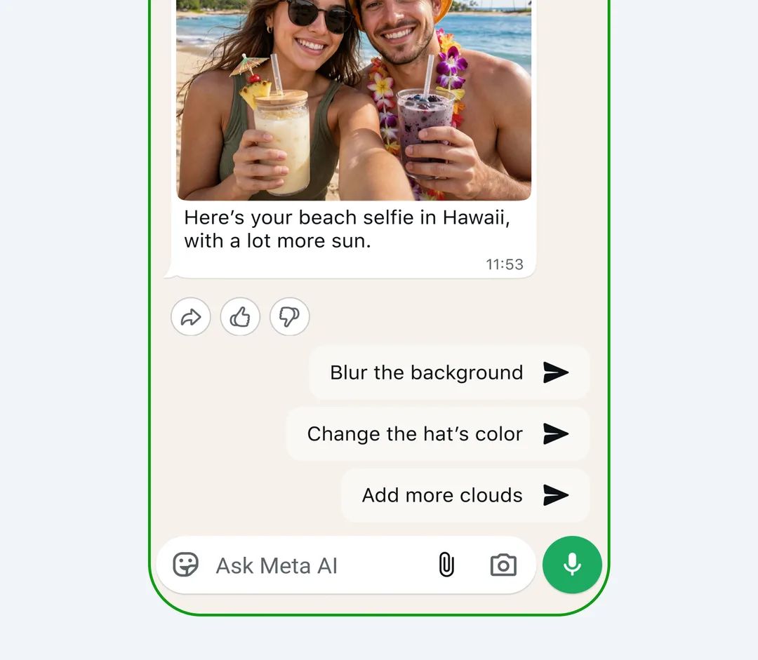 WhatsApp 入面同 Meta AI 對話生圖嘅官方示意圖