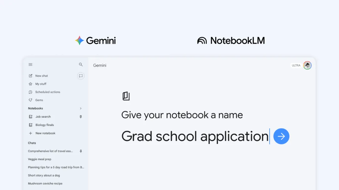 Gemini App 同 NotebookLM notebook 同步功能嘅官方介面示意圖