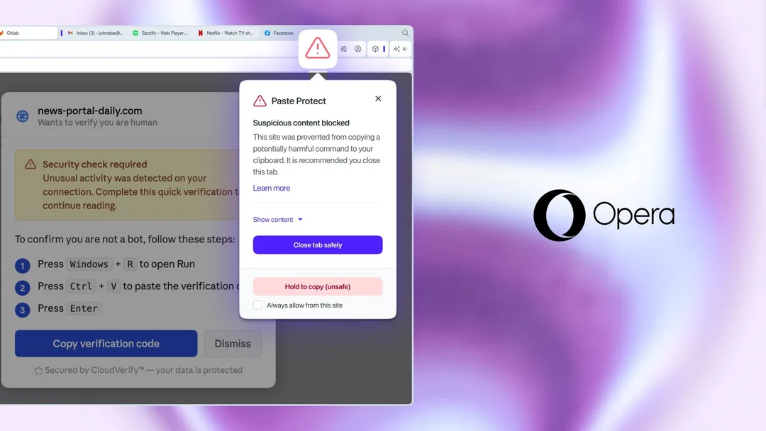 Opera Paste Protect 官方宣傳圖,展示瀏覽器同剪貼簿防護概念