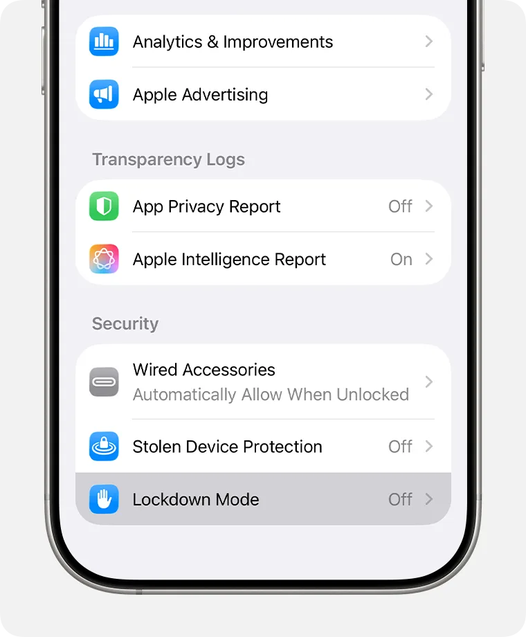 iPhone 設定入面嘅 Lockdown Mode 開關位置