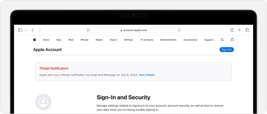 Apple Account 頁面顯示威脅通知嘅示意畫面