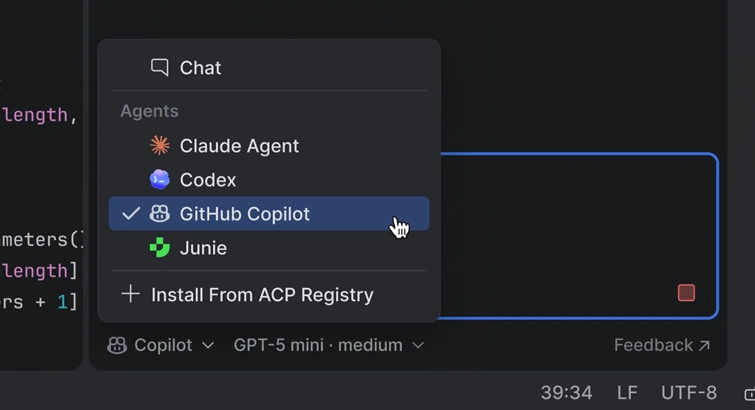 Rider AI Chat 入面揀選 GitHub Copilot 代理嘅畫面