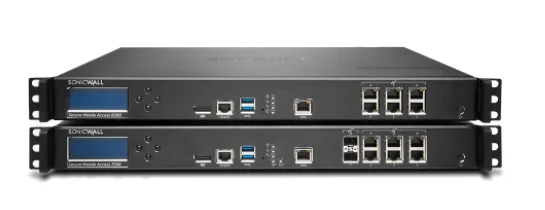 兩部黑色 SonicWall SMA 1000 系列機架式遙距存取設備正面